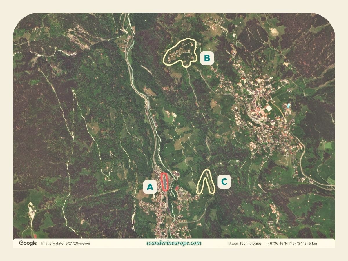 Train station (A), Wengwald (B), Lauterbrunnen-Wengen hiking trail viewpoint (C) - Map of Lauterbrunnen, Switzerland