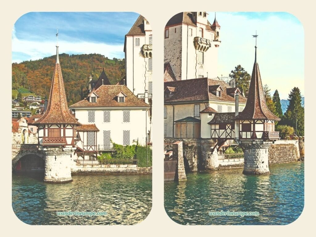10 Attractions in Lake Thun That Make the Lake Worth a Visit 23 Two sides of the water tower of Oberhofen Castle seen from a boat in Lake Thun, Switzerland