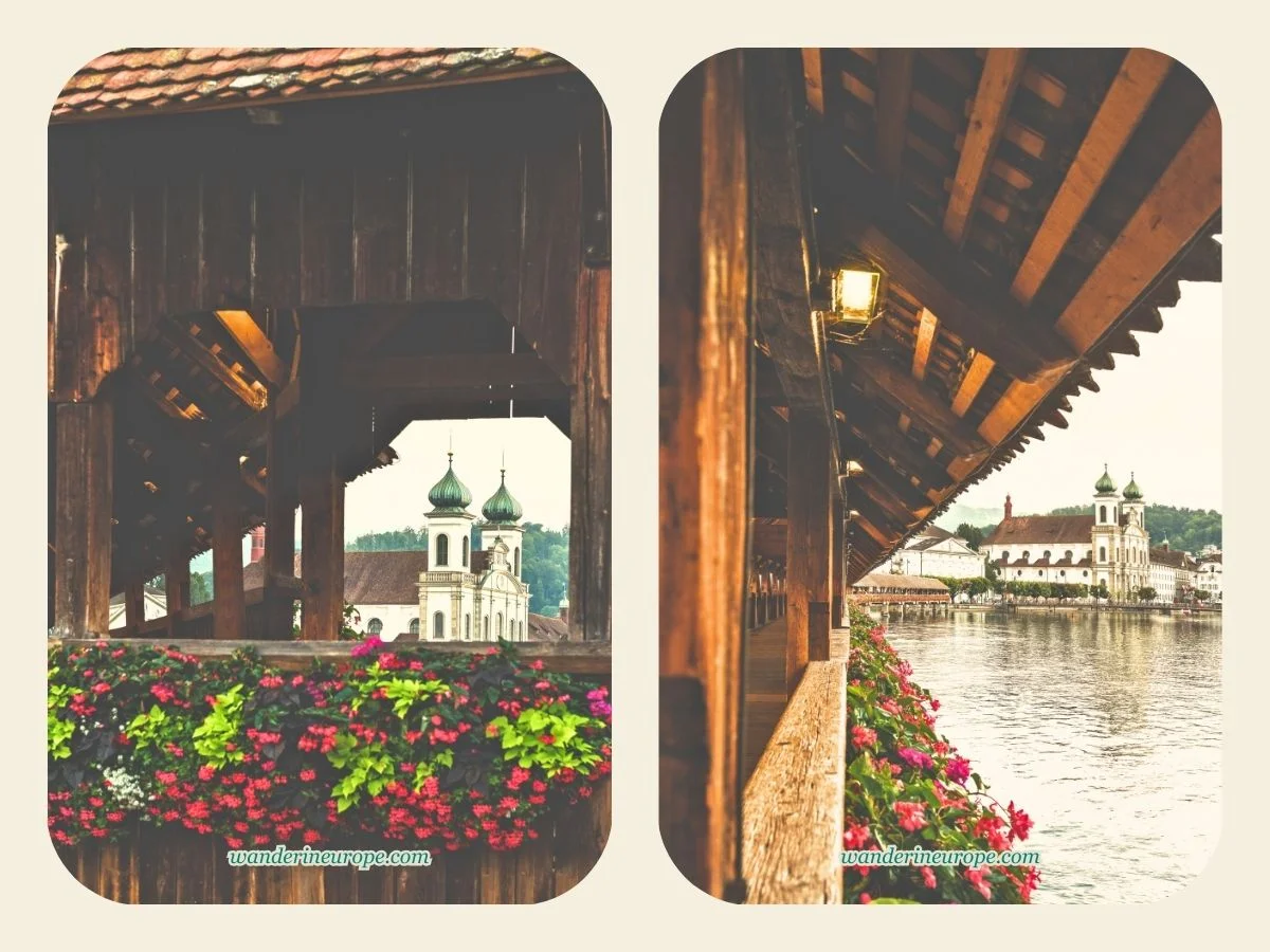 Vantage points of the Jesuit Church from the Chapel Bridge in Lucerne, Switzerland