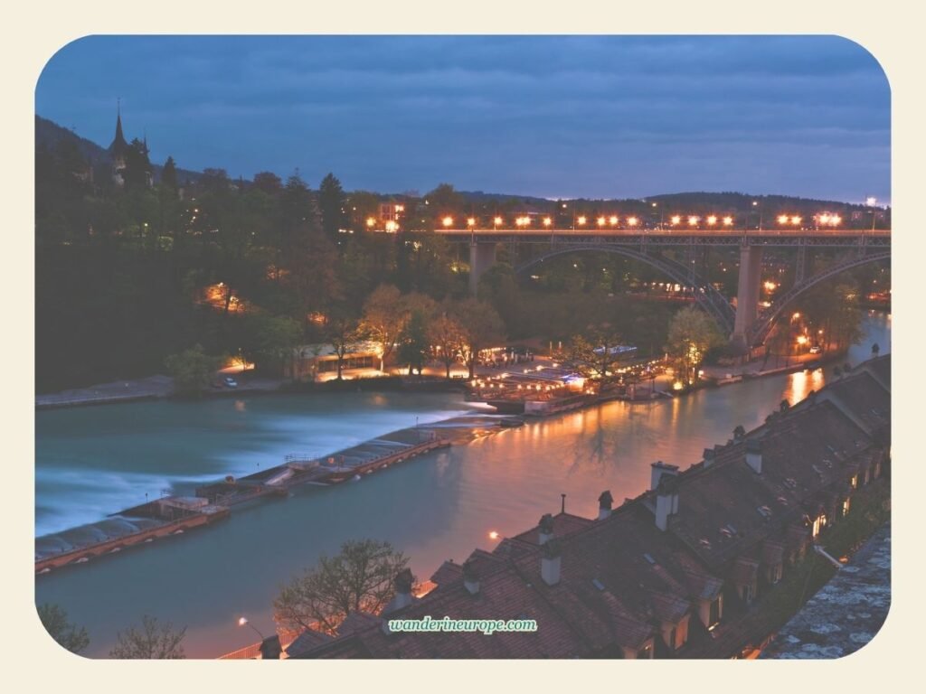6-Day Switzerland Itinerary: Exploring The Canton of Bern 13 View of Bern at night (Swiss Restaurant Terrasse) from Munsterplatform, Day 1 Switzerland Itinerary