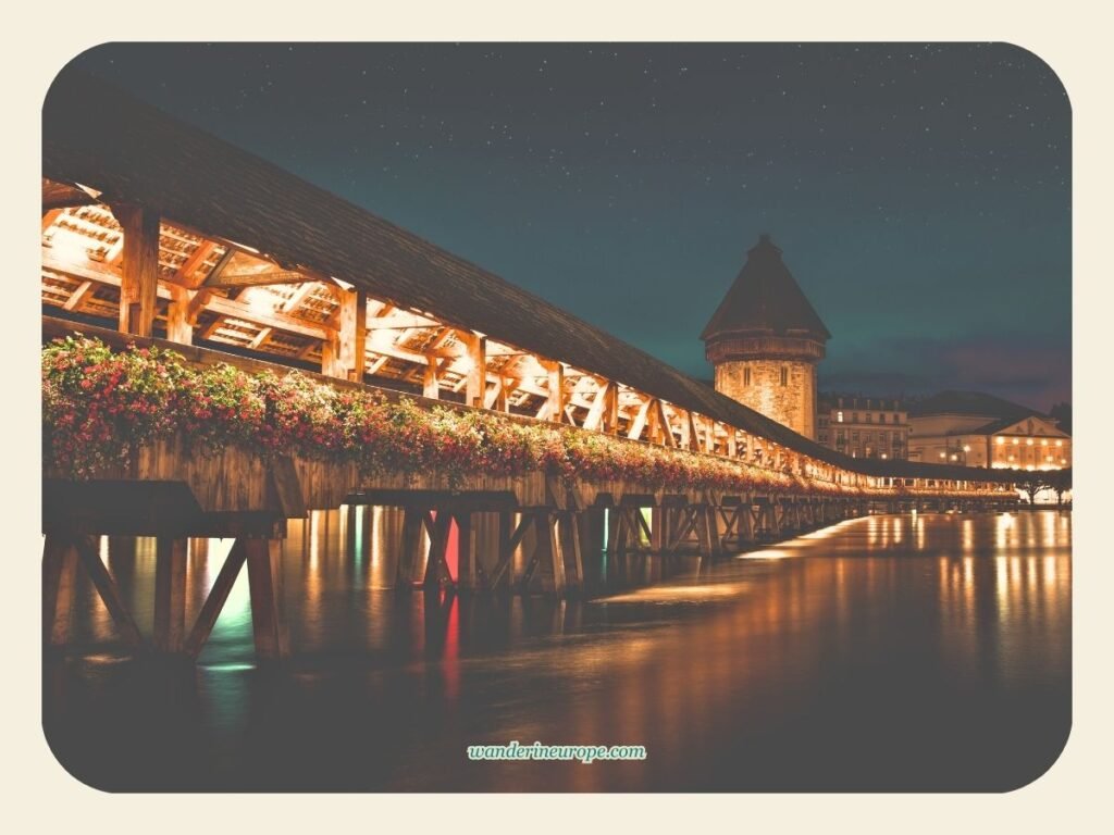 Visiting Chapel Bridge in Lucerne (Tips & Expectations) 12 View of Chapel Bridge from Rathausquai (Night) in Lucerne, Switzerland