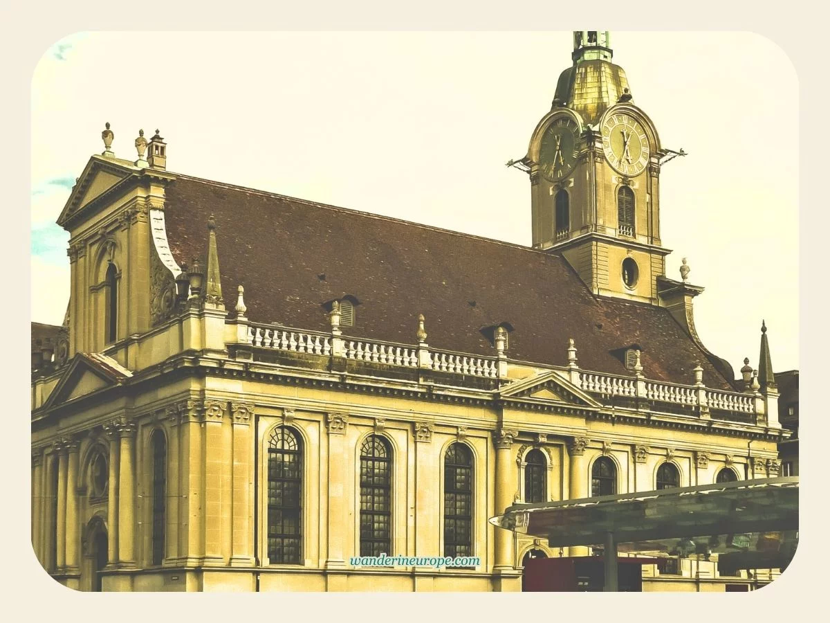 The 10 Beautiful Landmarks of Bern (Free DIY Walking Tour) 5 View of Heiliggeistkirche from Bahnhofplatz in Bern, Switzerland