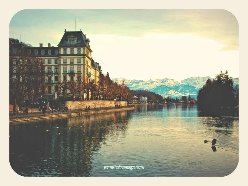 Thun Old Town DIY Walking Tour (with a Map, Route, and Tips) 11 View of Kunstmuseum Thun and Bernese Alps from Göttibachsteg in Thun, Switzerland