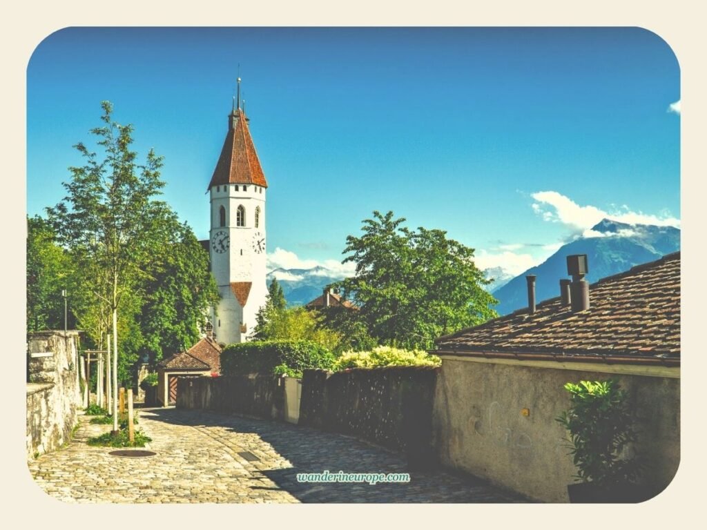 Thun Old Town DIY Walking Tour (with a Map, Route, and Tips) 27 View of Stadtkirche Thun from Schlossberg in Thun, Switzerland