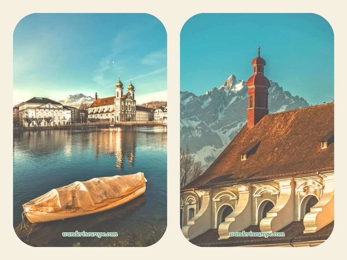 View of the Jesuit Church from Reuss River in Lucerne, Switzerland