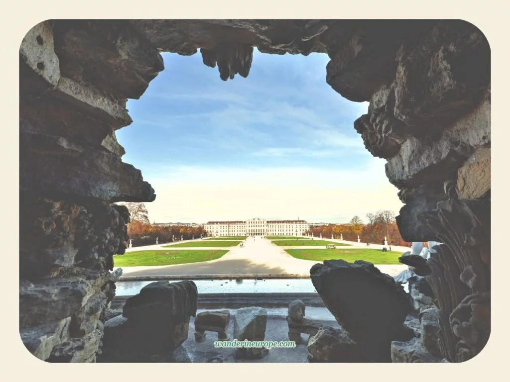 View of the Schönbrunn Palace and the Great Parterre from Neptune Fountain, third photo spot inside Schönbrunn Palace, Vienna, Austria