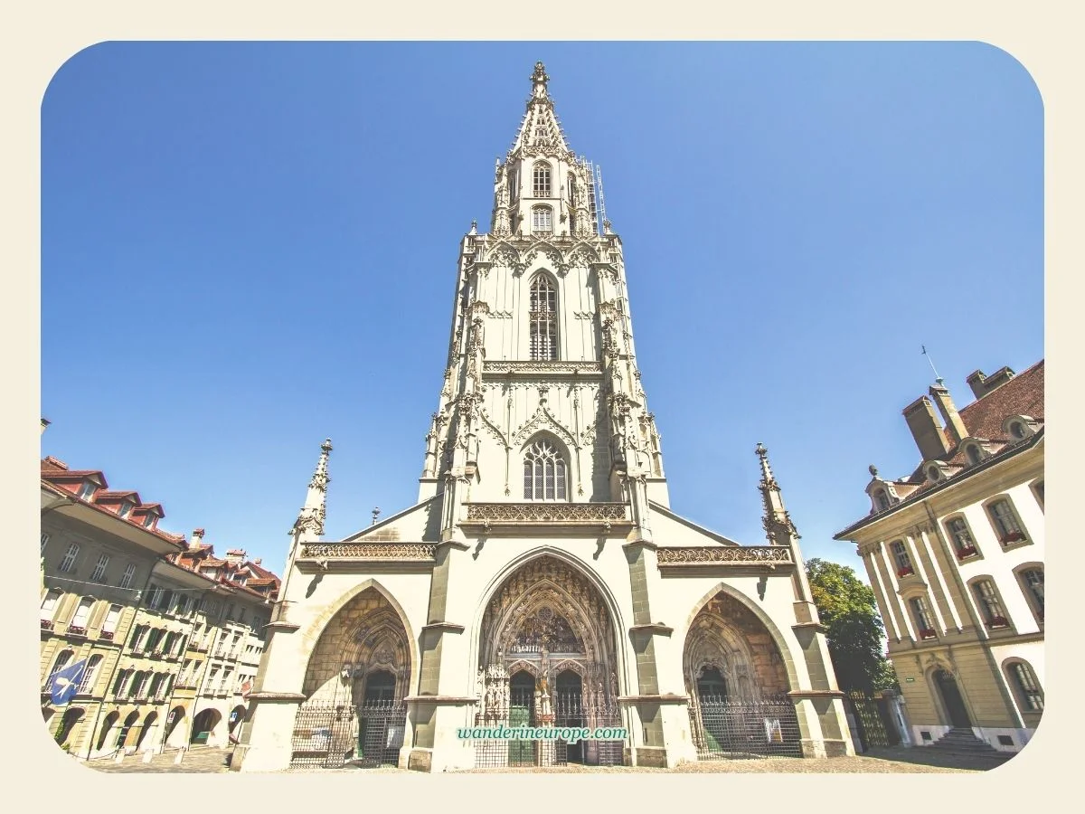 The 10 Beautiful Landmarks of Bern (Free DIY Walking Tour) 26 View of the imposing facade of Bern Cathedral in Bern, Switzerland