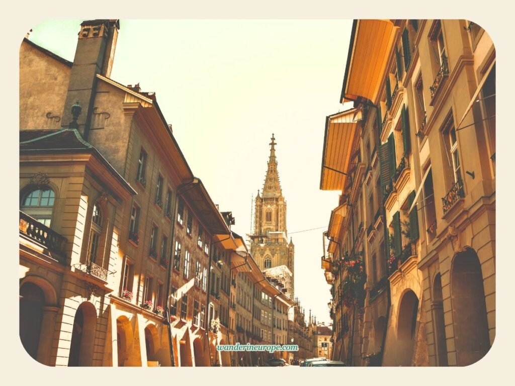 One Day In Bern Itinerary (Visit Landmarks & Scenic Spots) 60 View of the spire of the Bern Cathedral along Junkerngasse in Bern, Switzerland