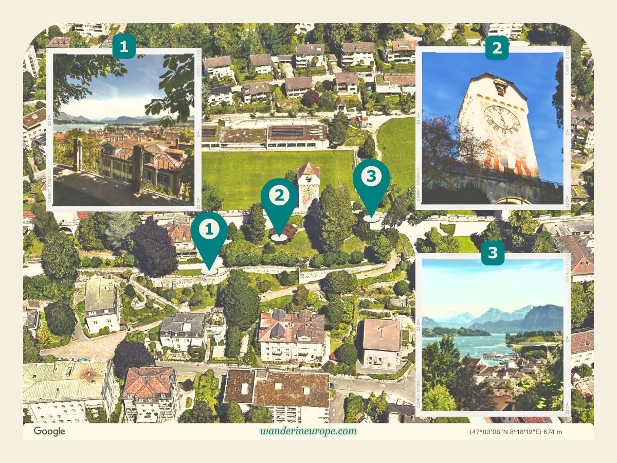 Old Town Lucerne Map (with Info of Attractions & Landmarks) 16 View points on Musegg Wall in old town Lucerne, Switzerland