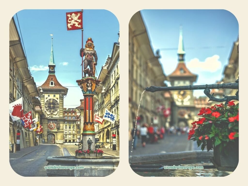 One Day In Bern Itinerary (Visit Landmarks & Scenic Spots) 32 Zähringerbrunnen and Zytglogge, seen from Kramgasse in Bern, Switzerland