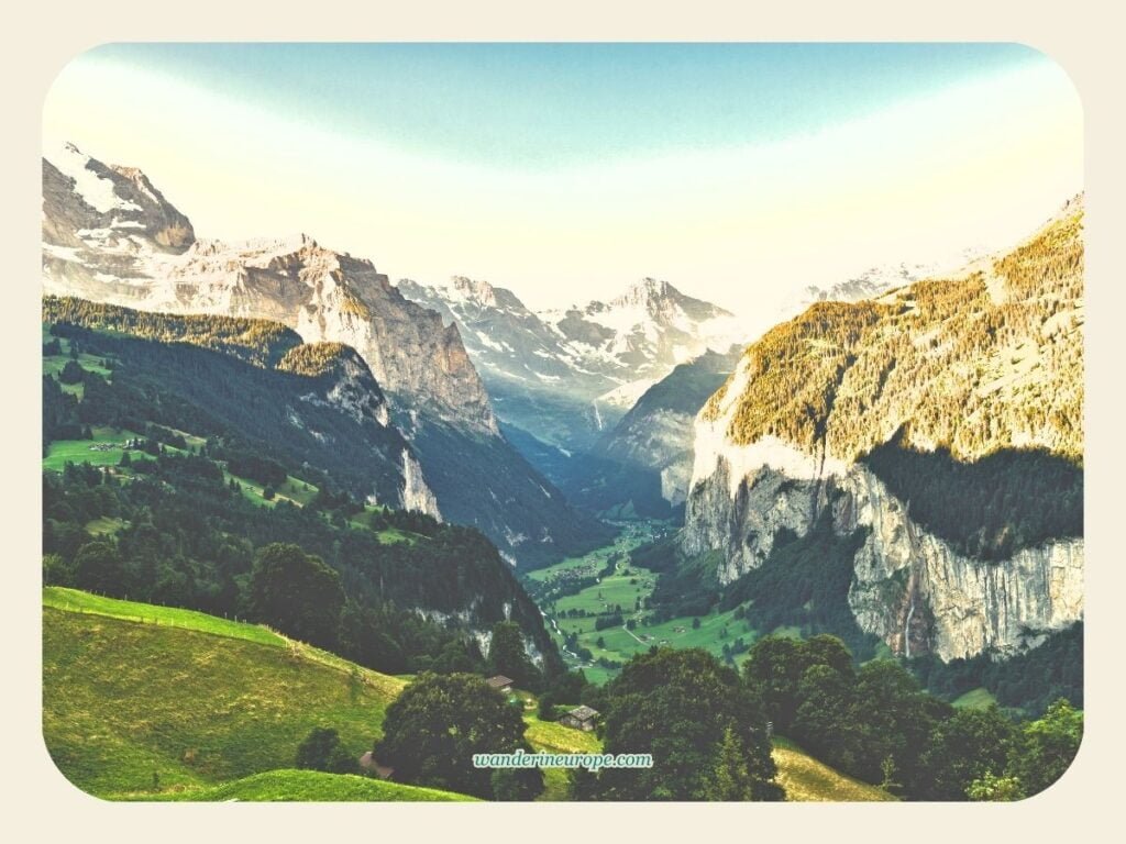 7 Lauterbrunnen Viewpoints & Photo Spots (With a Map) 28 Zoomed-in shot of Lauterbrunnen Valley during sunrise & clear skies from Wengwald, Lauterbrunnen, Switzerland
