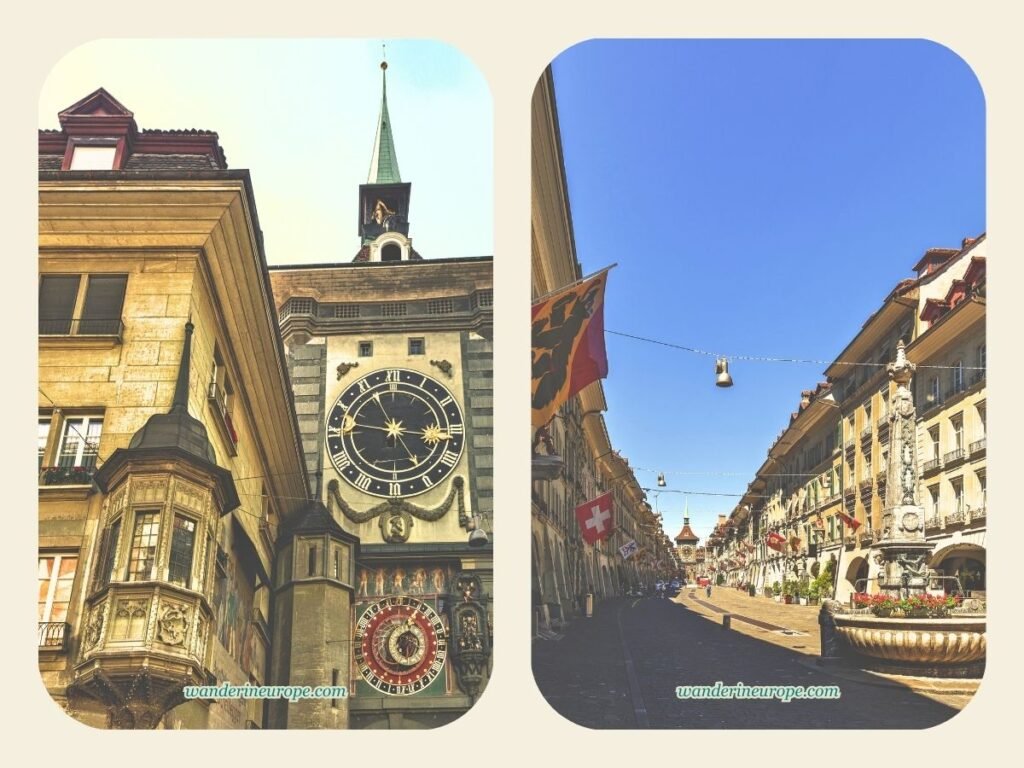 Two Days in Bern Itinerary: Old City, Gurten, & Museums 9 Zytglogge (left), Kramgasse (right), tourist attractions for 2-day trip to Bern, Switzerland