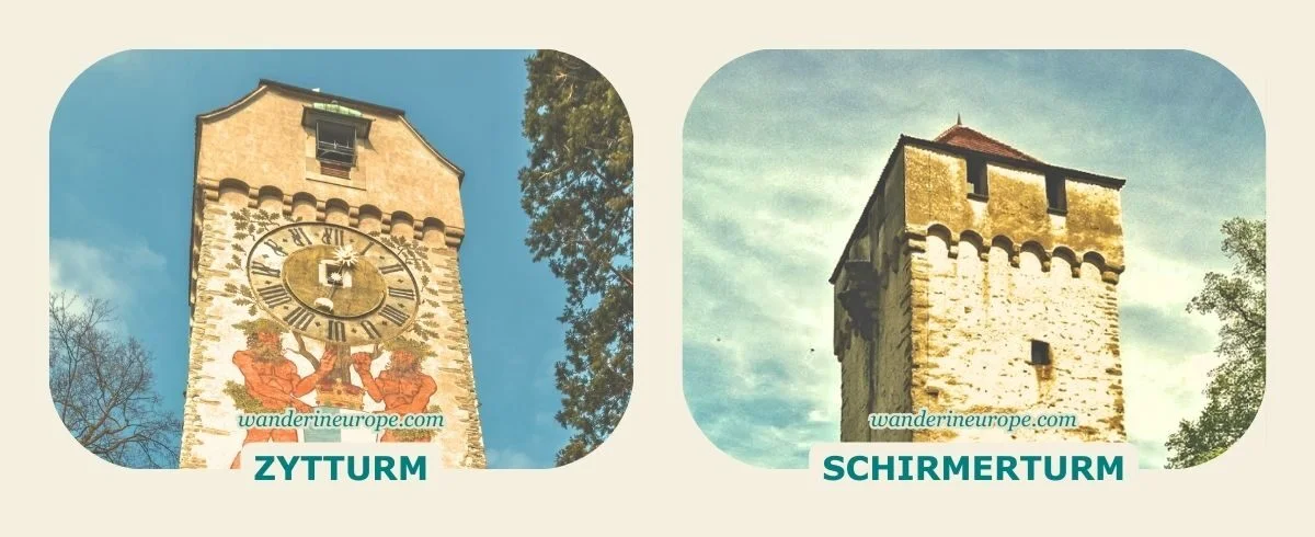 Old Town Lucerne Map (with Info of Attractions & Landmarks) 19 Zytturm and Schirmerturm of Musegg Wall in Lucerne, Switzerland