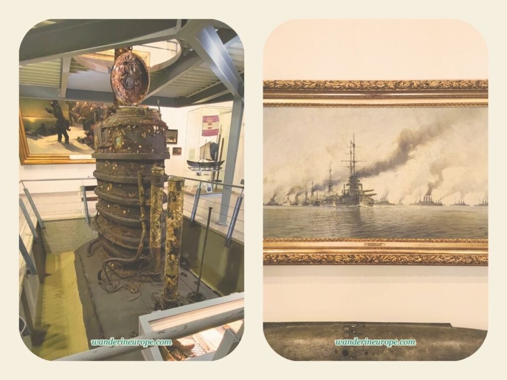 Museum of Military History Vienna Guide: Expectations & Tips 53 A relic of an old submarine and the painting of Austrian Naval Army, Museum of Military History, Vienna, Austria