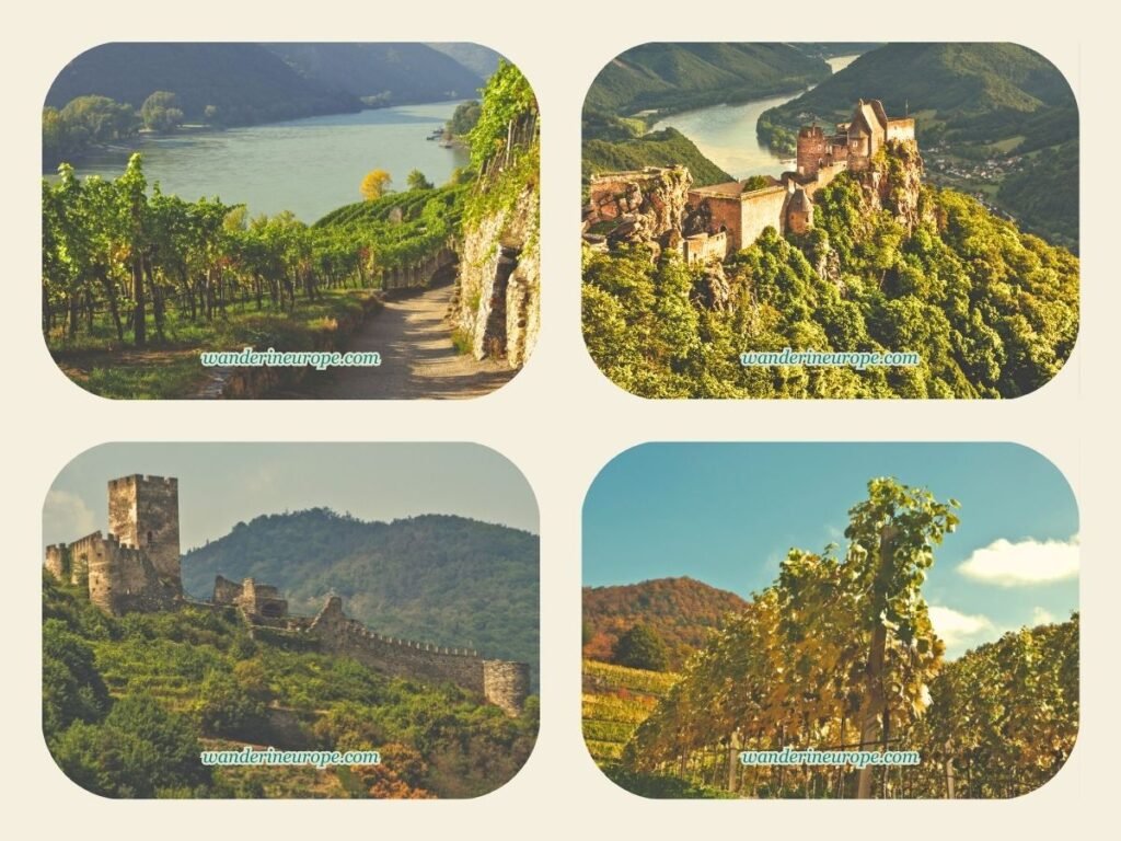 Different attractions in Wachau Valley near Melk Abbey — Danube River, Aggstein Castle, Spitz Castle, and vineyards, destinations from Vienna, Austria