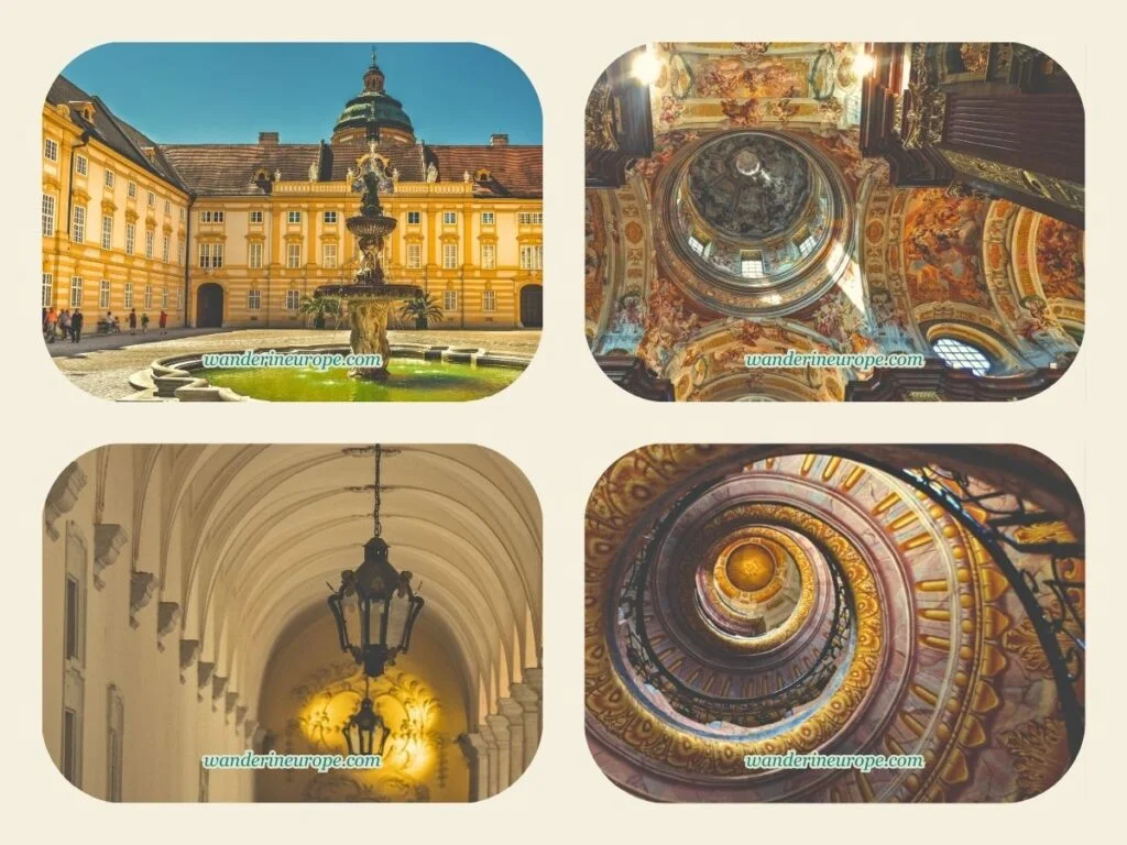A Guide to Melk Abbey (a Beautiful Day Trip from Vienna) 3 Exteriors and interiors of Melk Abbey — courtyard, hallway, church, and Imperial Staircase, Melk Abbey, a day trip from Vienna, Austria