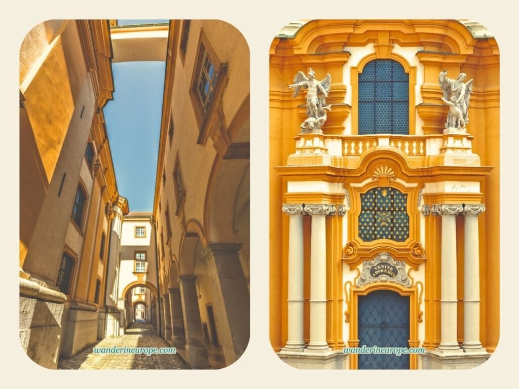 A Guide to Melk Abbey (a Beautiful Day Trip from Vienna) 7 Facade and alley of Melk Abbey, a day trip from Vienna, Austria