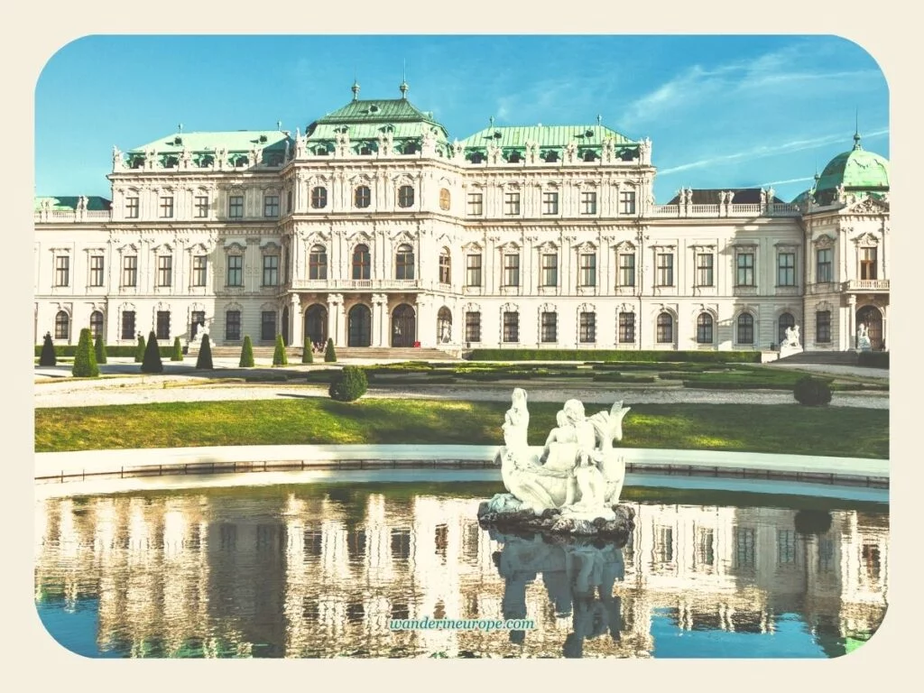 Golden hour shot of the Upper Belvedere beside the fountain near the Lower Belvedere, Vienna, Austria