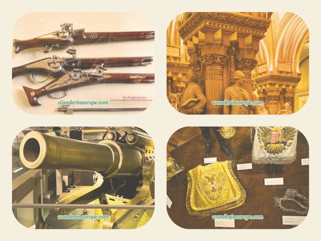 Museum of Military History Vienna Guide: Expectations & Tips 3 Guns, canons, trumpeter's uniform, and statues of Austrian Empire's greatest military leaders — some of the exhibits inside the Museum of Military History, Vienna, Austria