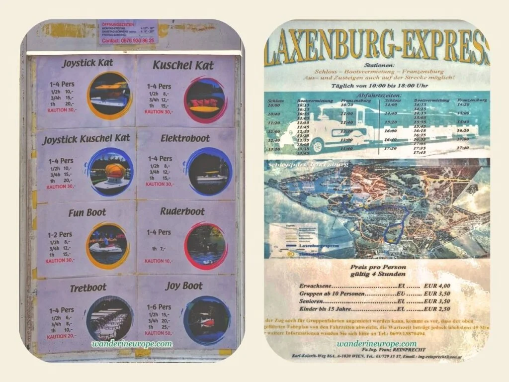 Visiting Laxenburg Castle Park (Easy Day Trip from Vienna) 44 Laxenburg Express and boat rent info boards, near Vienna, Austria