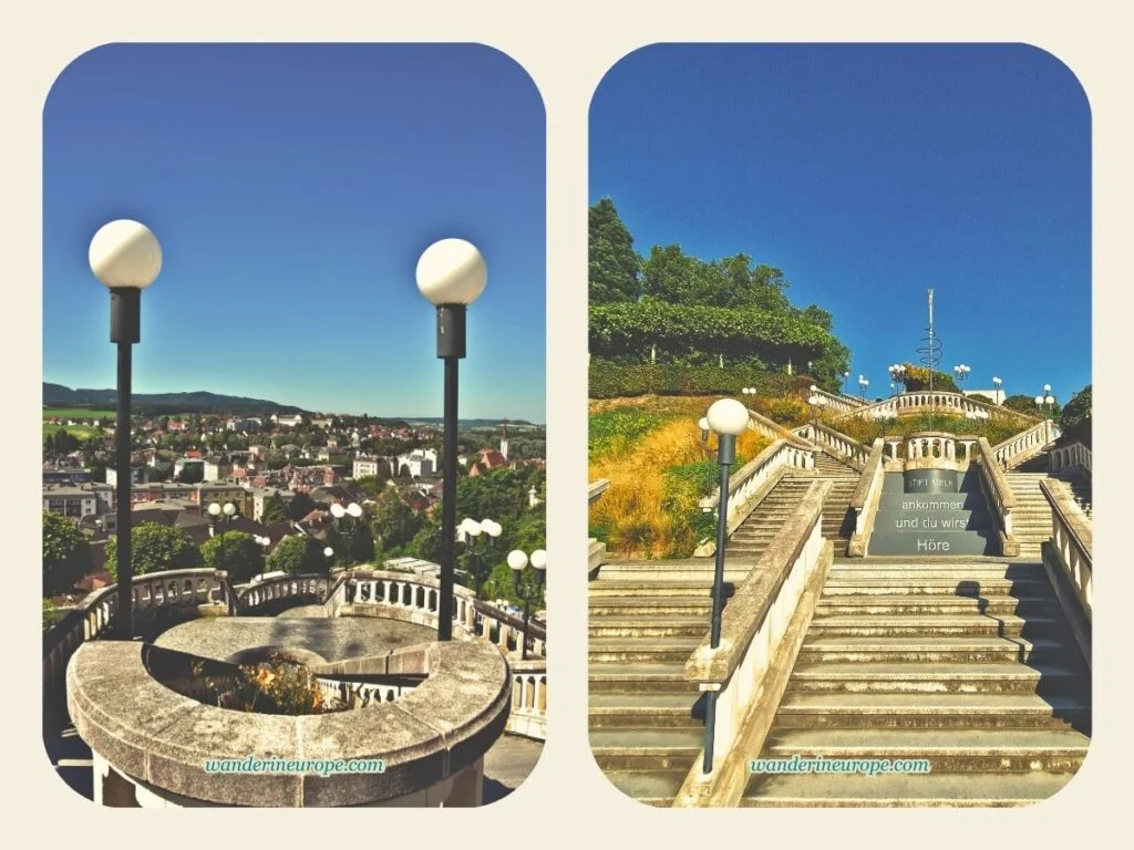A Guide to Melk Abbey (a Beautiful Day Trip from Vienna) 39 Staircase in the park of Melk Abbey with an overlooking view of the town, a day trip destination from Vienna