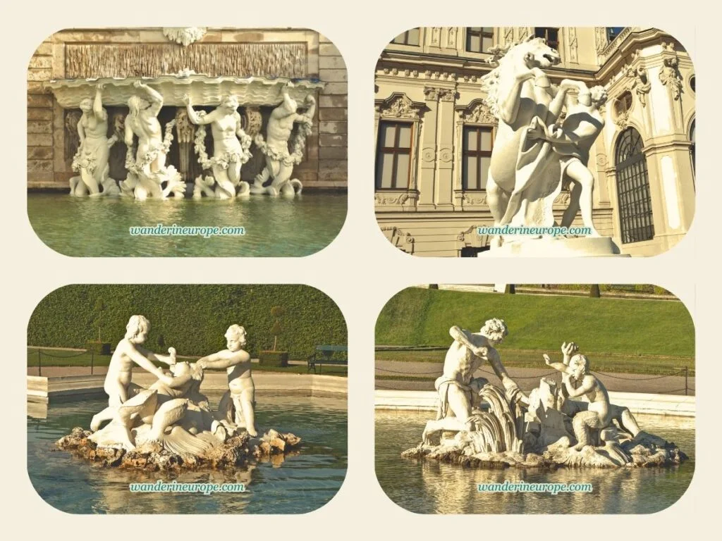 Statues and elegant fountains in the Baroque Garden of Belvedere Palace, Vienna, Austria