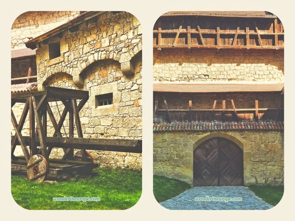 The battering ram and quaint old door in the courtyard of Kreuzenstein Castle, near Vienna, Austria