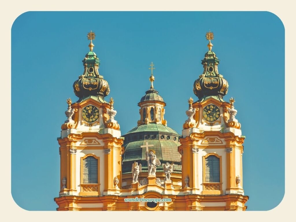 A Guide to Melk Abbey (a Beautiful Day Trip from Vienna) 8 The intricate spires of the church of Melk Abbey, a must see from Vienna, Austria