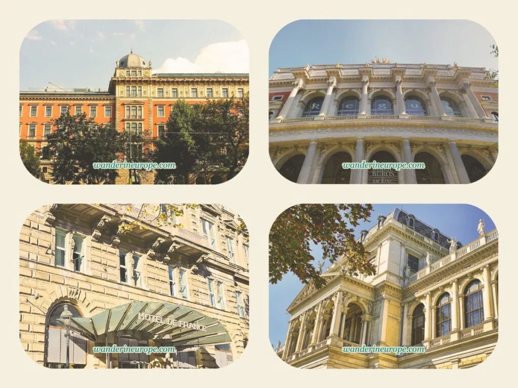 (1) Palais Hansen, (2) Alte Börse, (3) Hotel de France, and (4) University of Vienna, four of the 10 other notable landmarks along Ringstrasse, Vienna, Austria