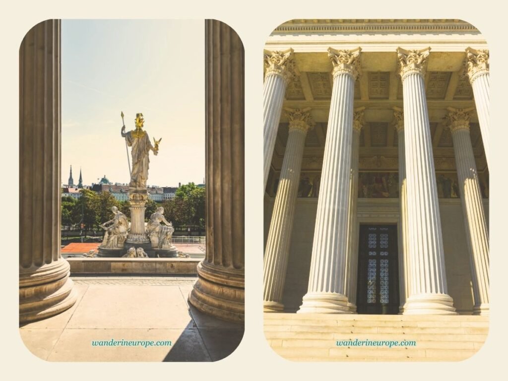 Self-Guided Vienna Ringstrasse Walking Tour with Map & Route 59 Dramatic architectural scenes before entering Austrian Parliament Building, one of the landmarks along Ringstrasse, Vienna, Austria