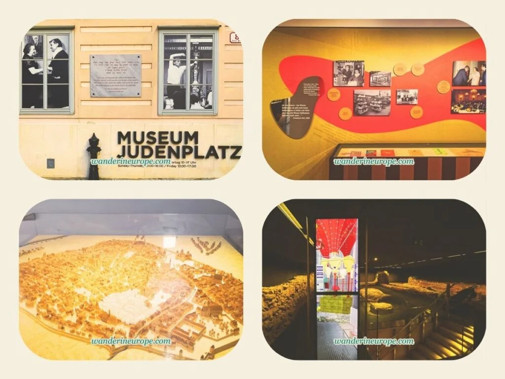 Facade and things you'll find inside Museum Judenplatz, Vienna, Austria