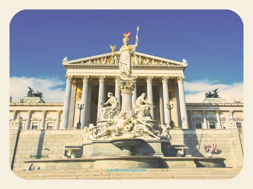 Self-Guided Vienna Ringstrasse Walking Tour with Map & Route 57 Facade of Austrian Parliament, seen from Ringstrasse, Vienna, Austria
