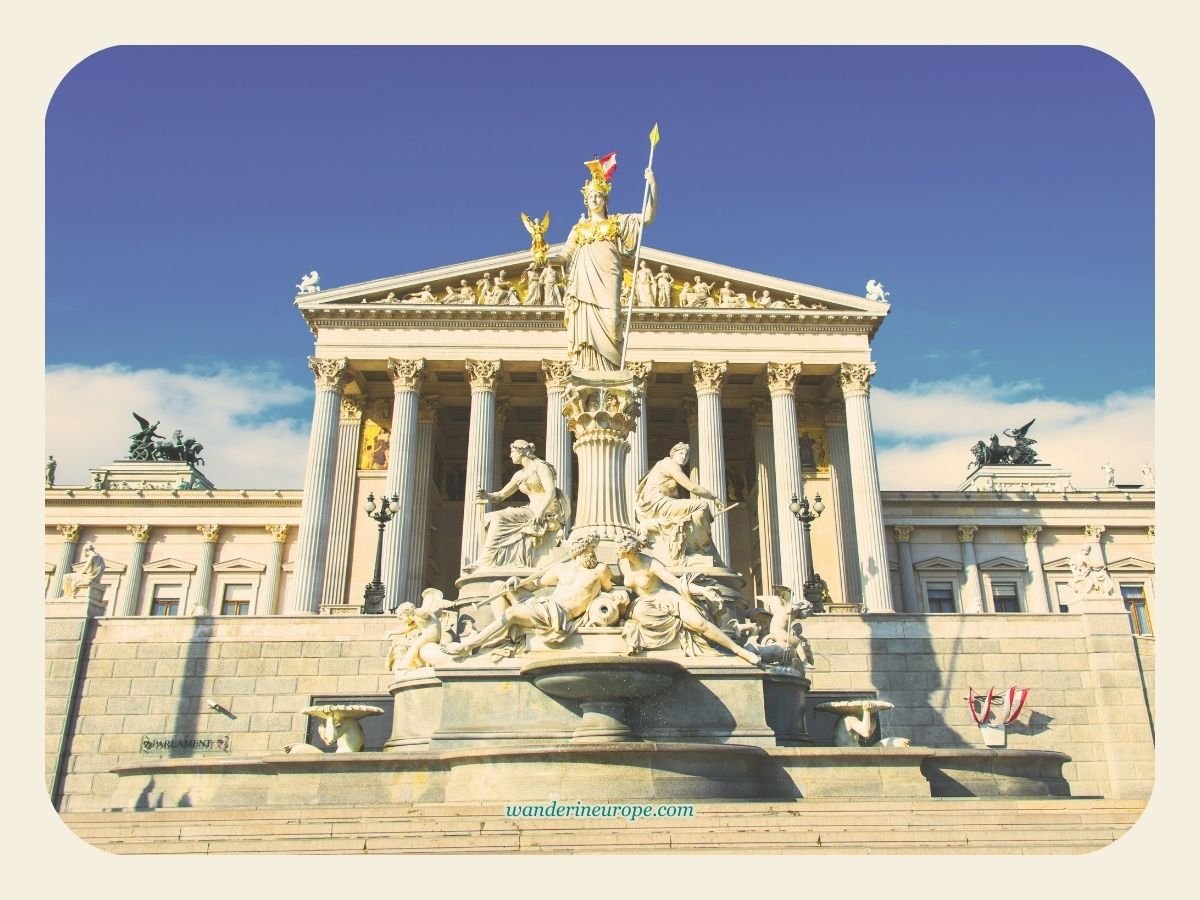 Vienna 33 Facade of Austrian Parliament, seen from Ringstrasse, Vienna, Austria