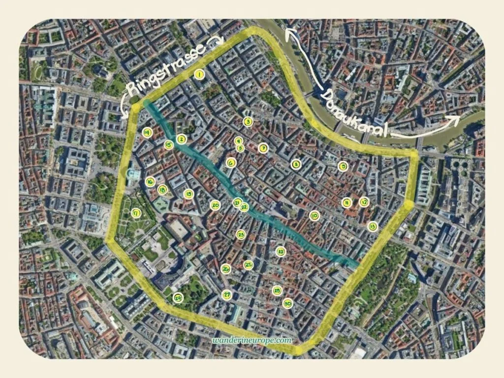 Map of Old Town Vienna, lesser-known tourist attractions within the perimeter of Ringstrasse, Austria