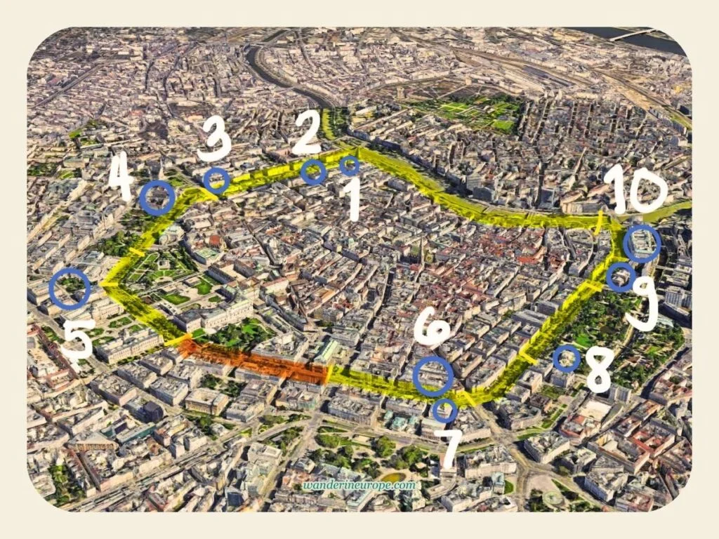 Notable buildings along Ringstrasse, Map of Vienna, Austria