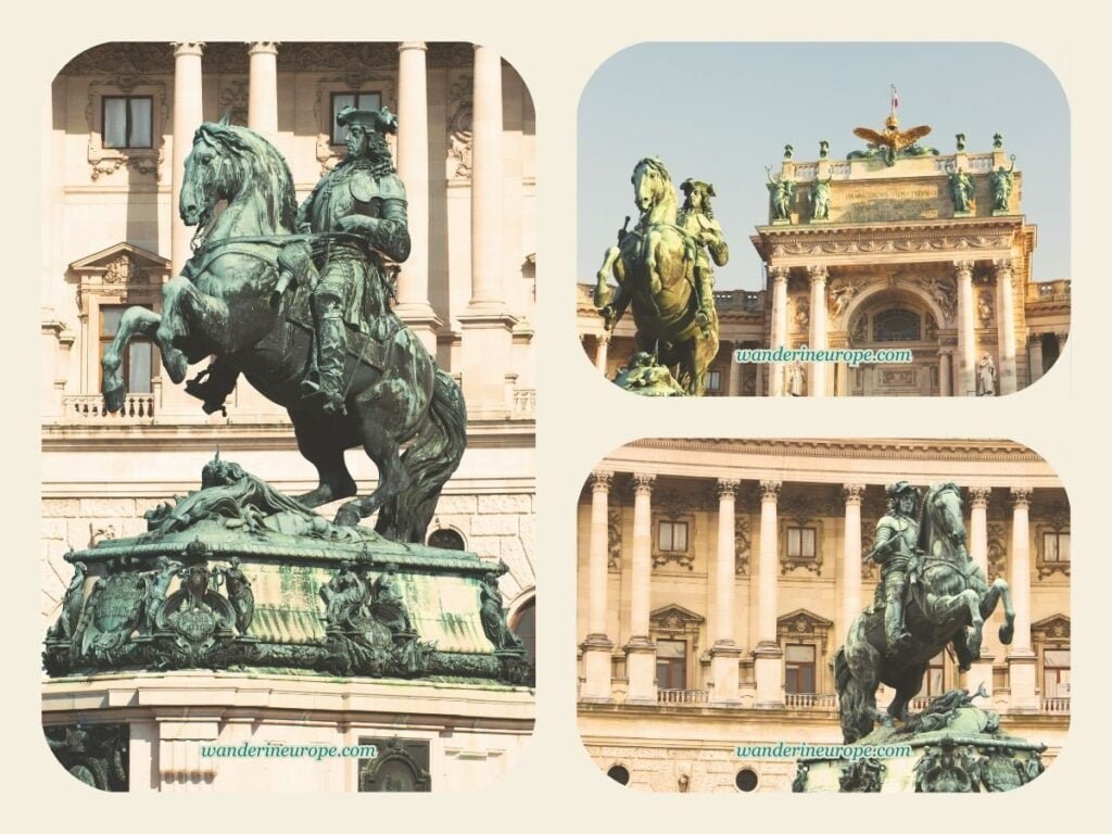 Self-Guided Vienna Ringstrasse Walking Tour with Map & Route 42 Prince Eugene monument in Heldenplatz with Hofburg in the backdrop, a beautiful place along Ringstrasse, Vienna, Austria