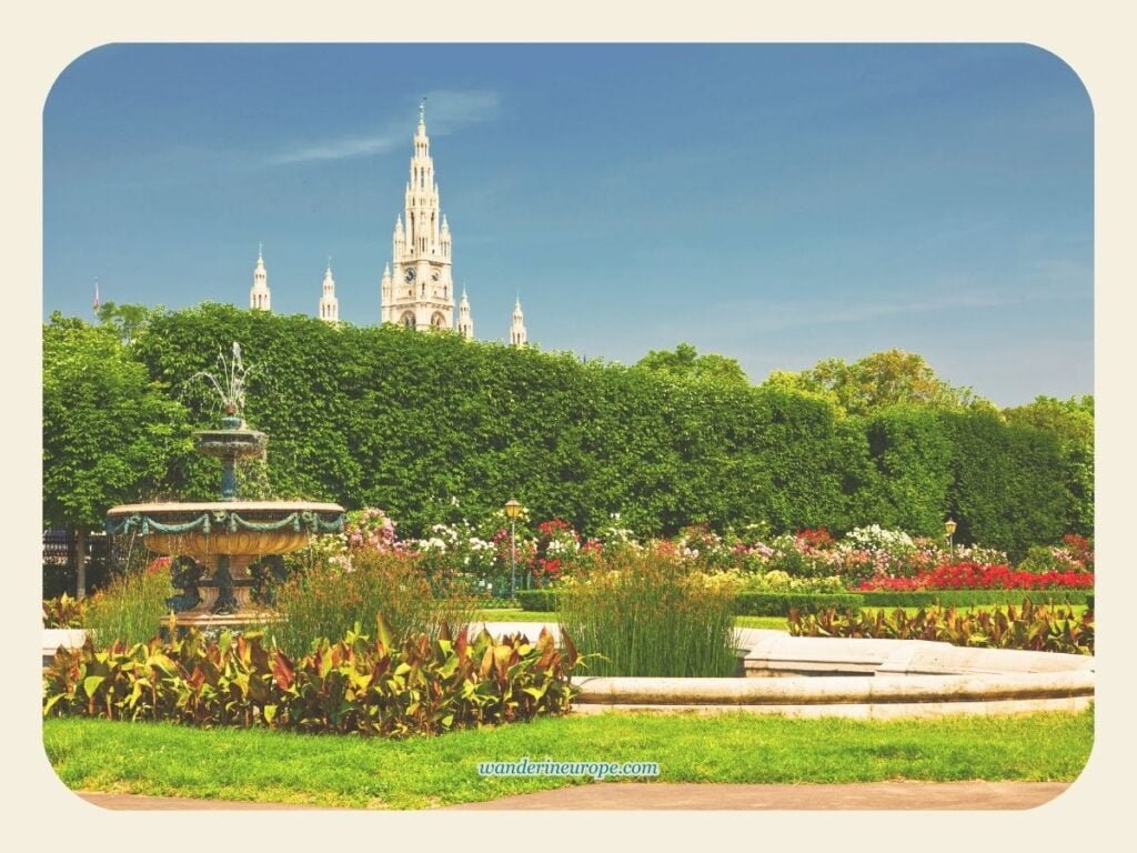 Self-Guided Vienna Ringstrasse Walking Tour with Map & Route 51 Rathaus peeking over the trees in the beautiful Volksgarten, a lovely stop on a walking tour of Ringstrasse, Vienna, Austria