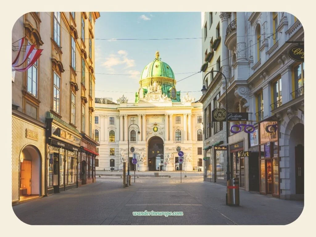 The view of Hofburg from Kohlmarkt, Vienna, Austria