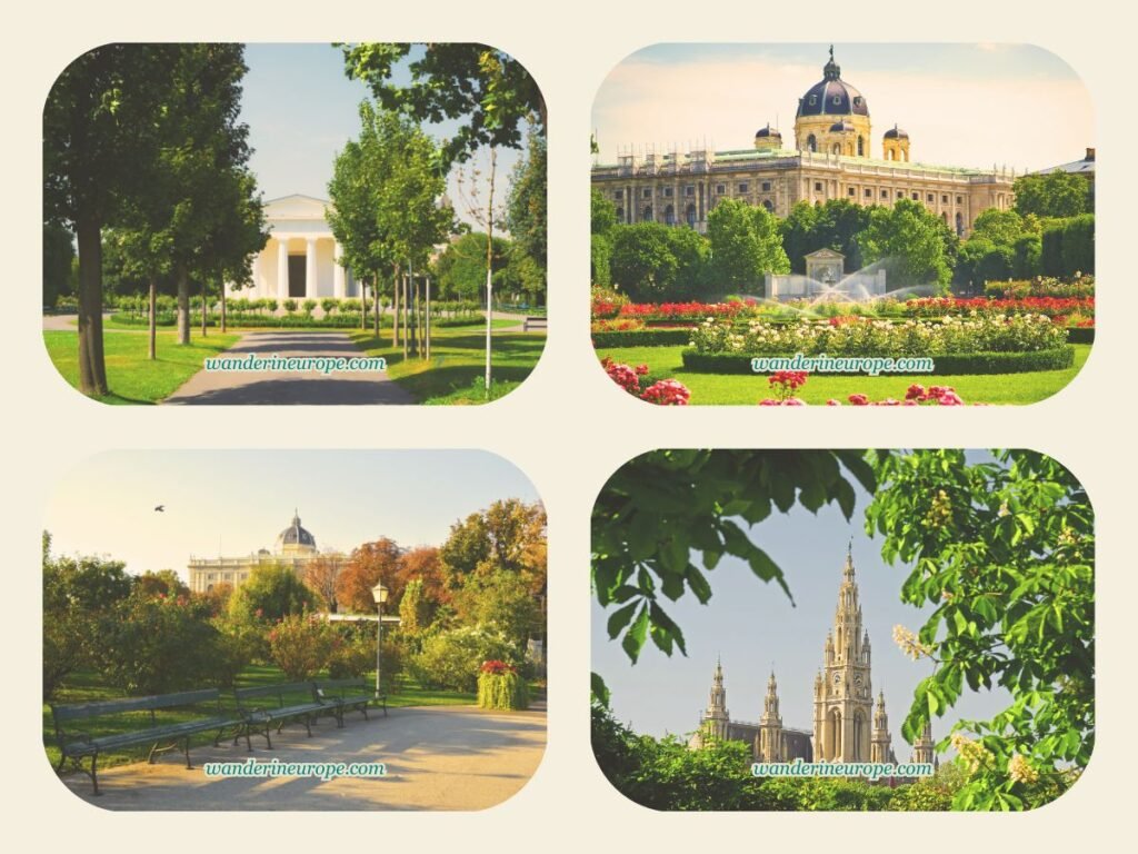 20 Beautiful Places in Vienna You Can Visit for FREE 18 Different beautiful scenes seen in Volksgarten, a beautiful admission free place to visit in Vienna, Austria