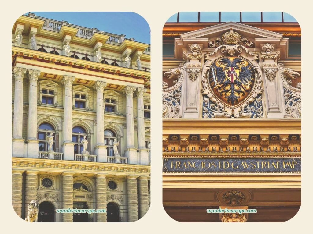 20 Beautiful Places in Vienna You Can Visit for FREE 5 Facade and the symbol of the Habsburg Dynasty in the Justizpalast, one of the beautiful places you can visit for free in Vienna, Austria
