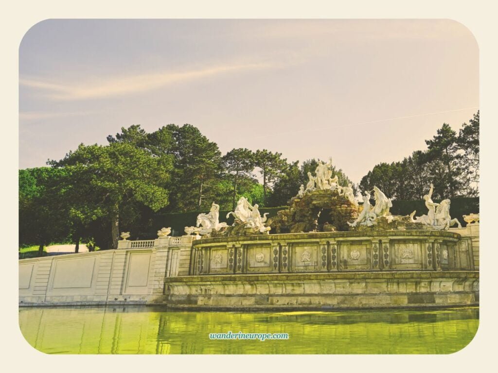 Vienna One-Day Budget Itinerary: Sightseeing Top Attractions 29 Neptune Fountain — one of the most beautiful garden feature of Schonbrunn Palace Garden, Vienna, Austria