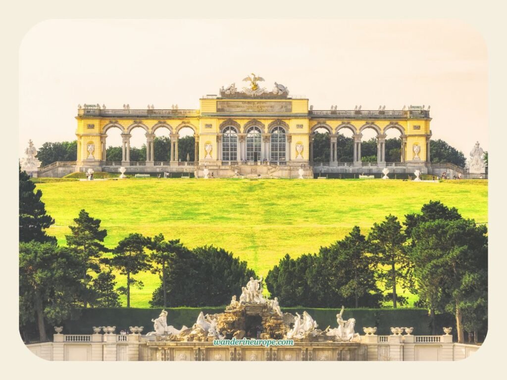 Vienna One-Day Budget Itinerary: Sightseeing Top Attractions 33 The Gloriette — zoomed in shot — from the great parterre of Schonbrunn Palace Garden, Vienna, Austria