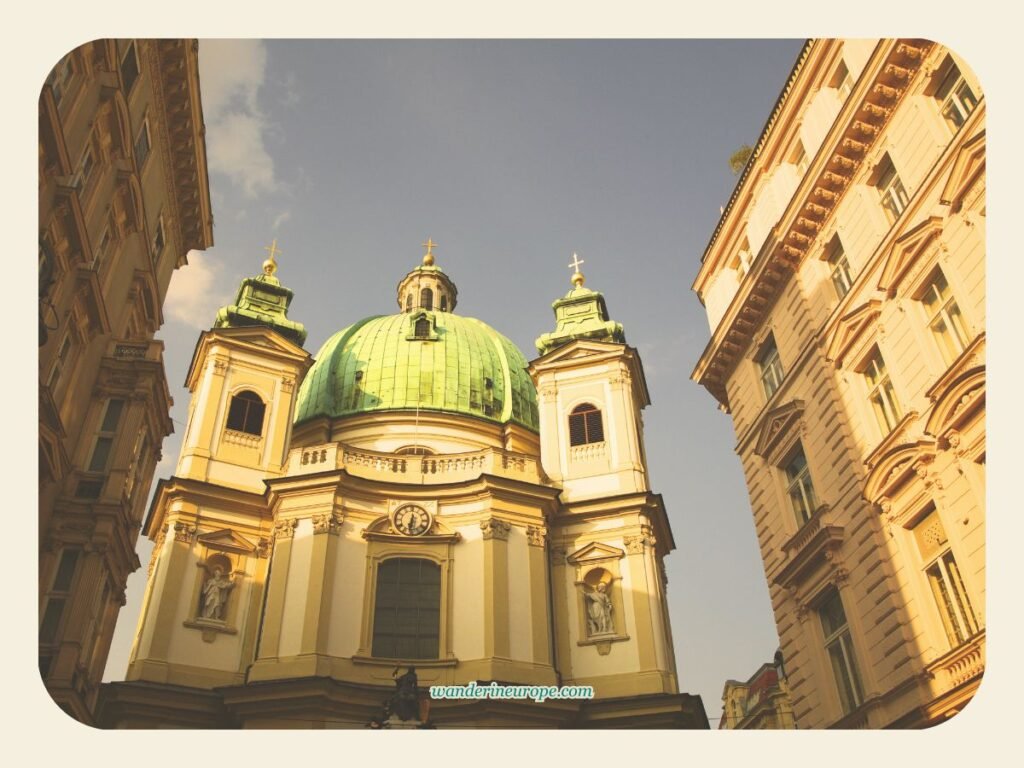 Vienna One-Day Budget Itinerary: Sightseeing Top Attractions 20 The facade of Peterskirche — the chuch you'll see while walking along Graben in Vienna, Austria