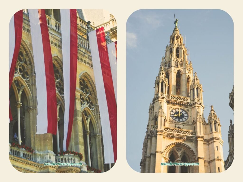 20 Beautiful Places in Vienna You Can Visit for FREE 57 The flags and tallest tower of Rathaus, a free place to visit in Vienna, Austria