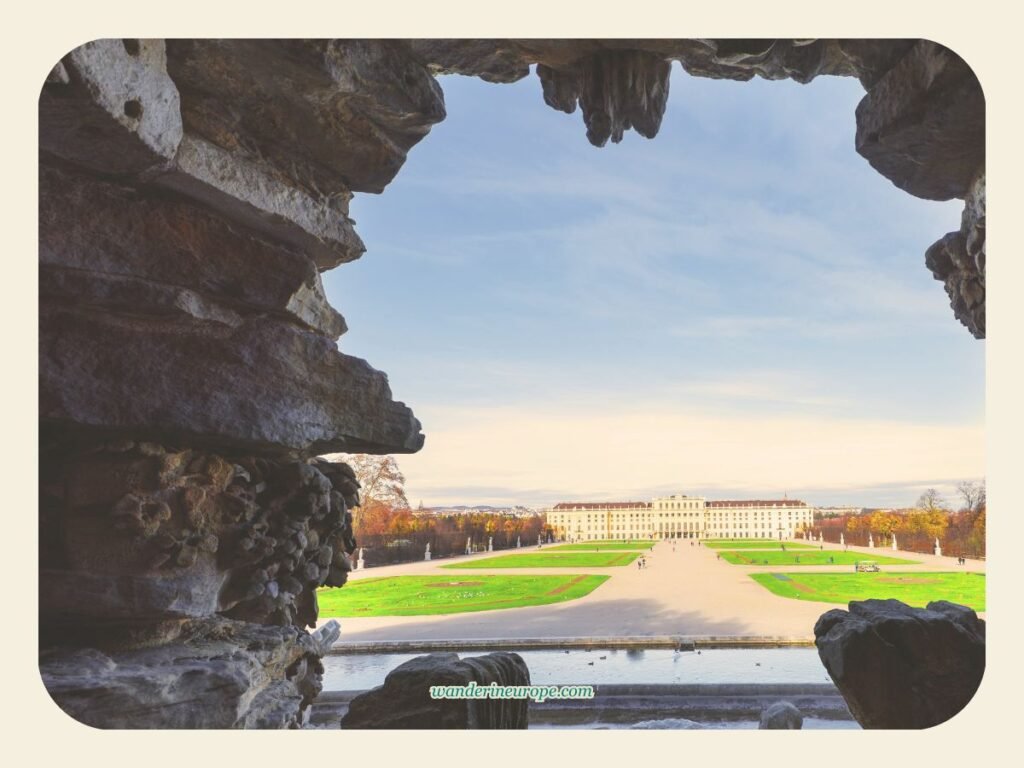 Vienna One-Day Budget Itinerary: Sightseeing Top Attractions 30 The view of the main palace from the Neptune Fountain of Schonbrunn Palace, Vienna, Austria