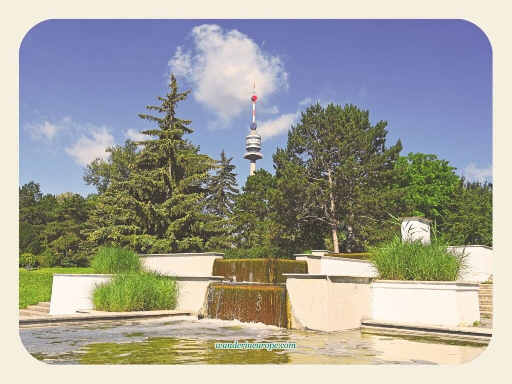 View of Danube Tower from Danube Park, a free place to visit in Vienna, Austria