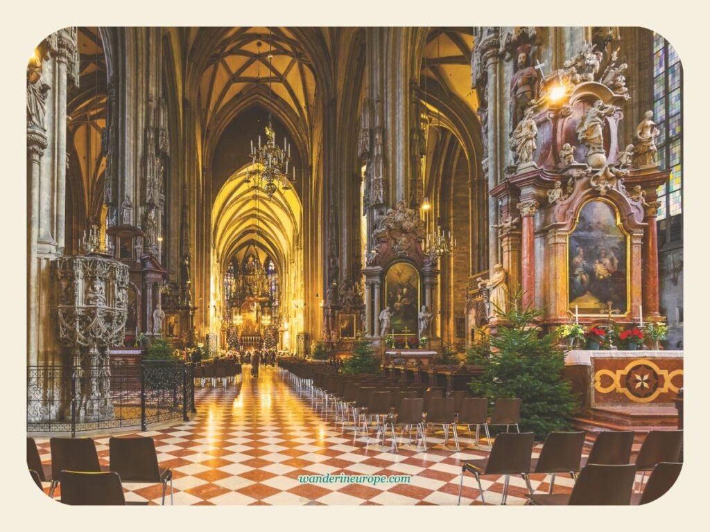 Vienna One-Day Budget Itinerary: Sightseeing Top Attractions 23 You can enter for free in Stephansdom and have this view of its interiors, Vienna, Austria