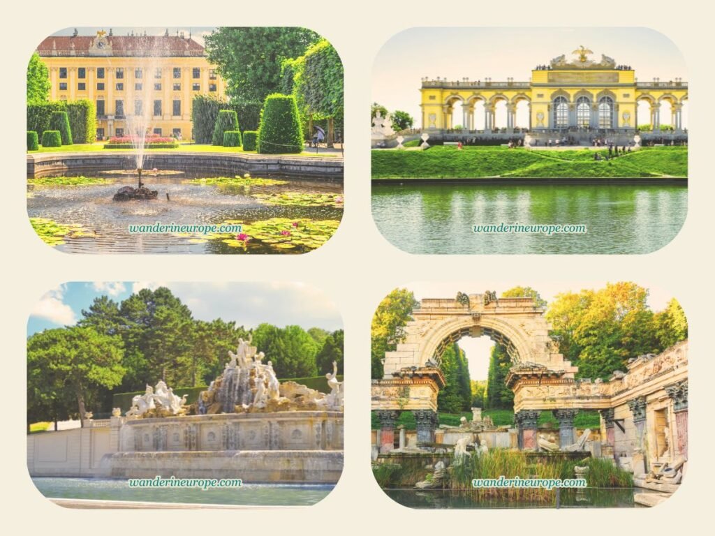 20 Beautiful Places in Vienna You Can Visit for FREE 12 the different features and attractions in the Schonbrunn palace garden, a beautiful place to visit for free in Vienna, Austria
