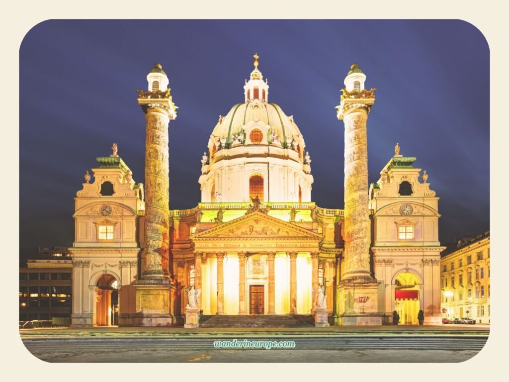 2-Day Vienna Itinerary: Visiting the Highlights & Viewpoints 24 Karlskirche at night, option for fifth destination — day 1 of 2 in Vienna, Austria