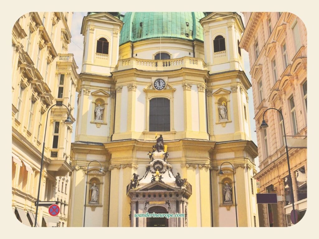 2-Day Vienna Itinerary: Visiting the Highlights & Viewpoints 33 This is the view of Peterskirche that one can see strolling along Graben, third destination — day 2 of 2 in Vienna, Austria